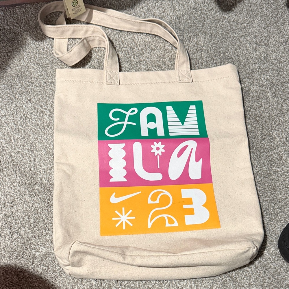 Nike Beige Canvas Tote with Green Pink Yellow Block Graphic